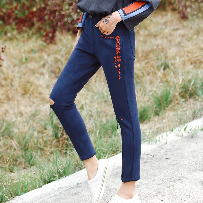 Lápiz 33033 Suede Nueva Retro Femeninos Stretch Agujero Original 2018 Azul Pantalones Primavera Nueve Az4wa
