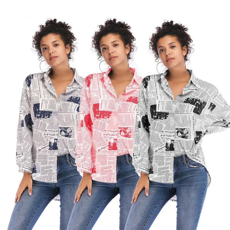

Fashion Woman Blouses Spring Loose Long Newsprint Obsolete Long Women Tops and Blouses Streetwear Shirts Harajuku