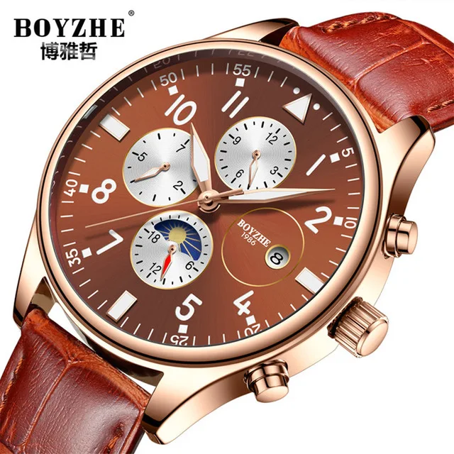 

BOYZHE Men Top Brand Automatic Mechanical Watch Fashion Casual Leather Moon Phase Luminous Sport Mens Watches Relogio Masculino