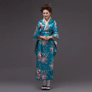 

New Blue Japanese Traditional Yukata Silk Rayon Kimono With Obi Vintage Evening Dress Cosplay Costume Flower One size JK051