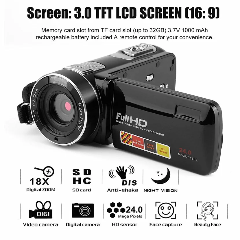 

HOT Portable Night Vision Full HD 1920 x 1080 3.0 Inch 24MP LCD Touchscreen 18X Zoom Digital Video Camera Camcorder DV 2017 New