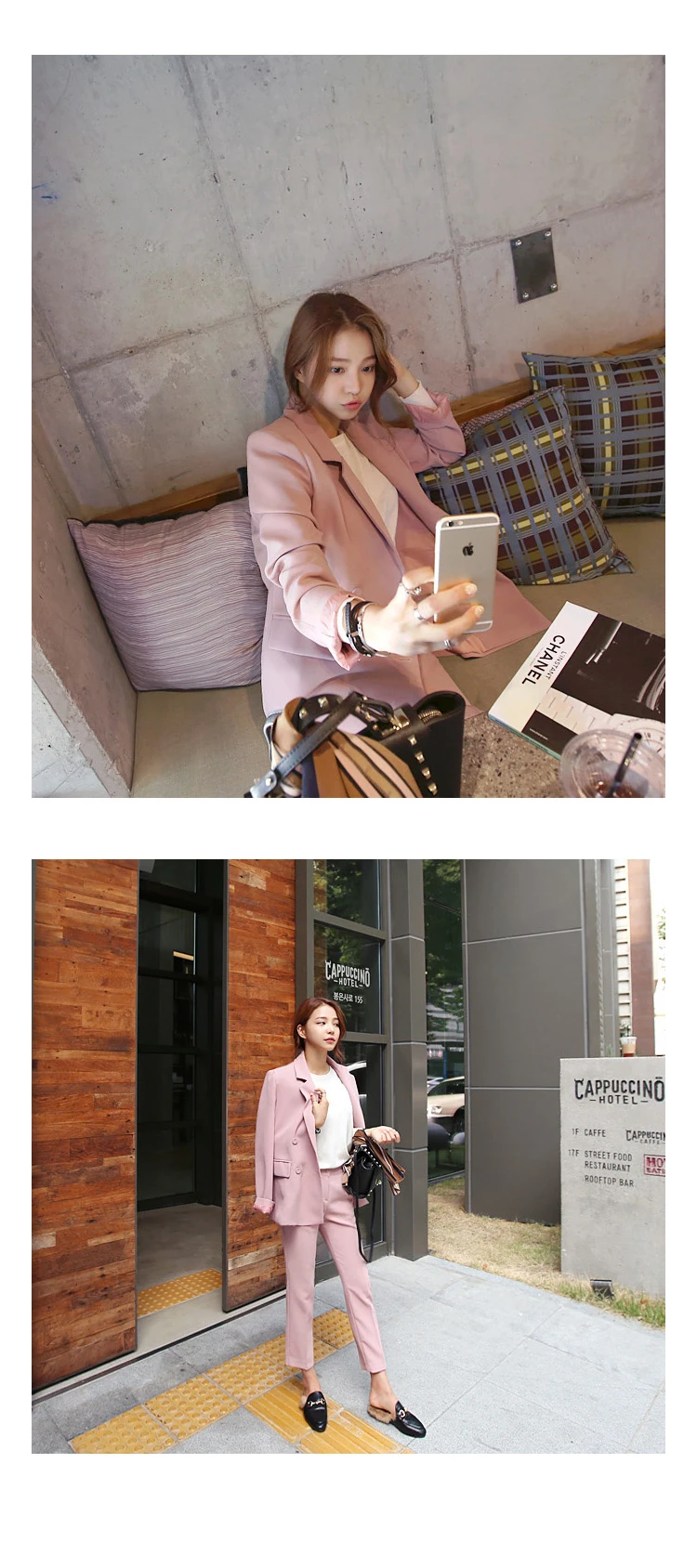 Комплект из двух предметов, женский стиль, тонкий двубортный розовый маленький костюм, OL пиджак+ повседневные Элегантные девять штанов