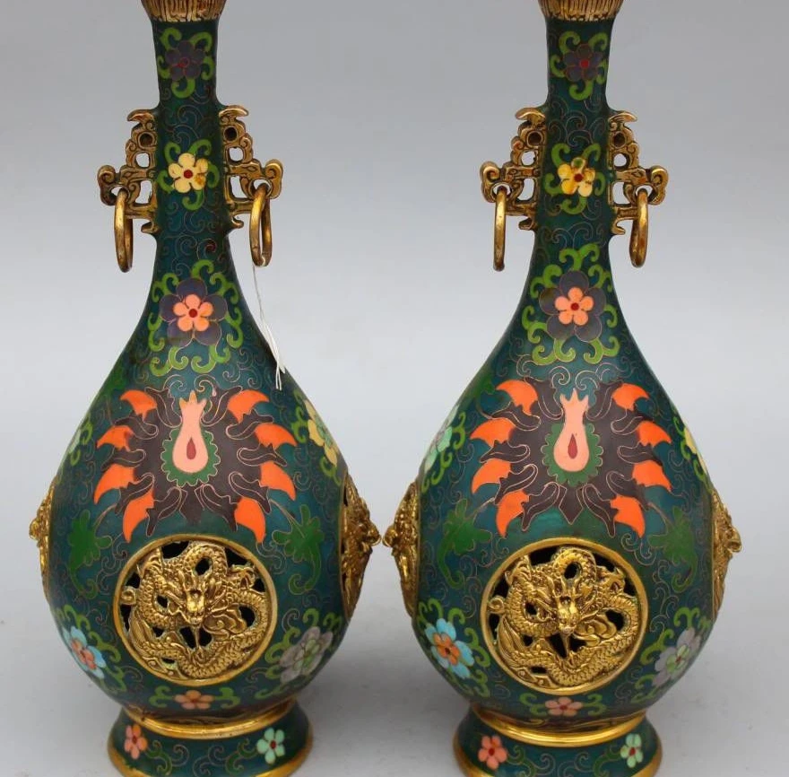 

15" Marked Chinese Cloisonne Enamel Gilt Dragon Flower Vase Bottle Pair Statue