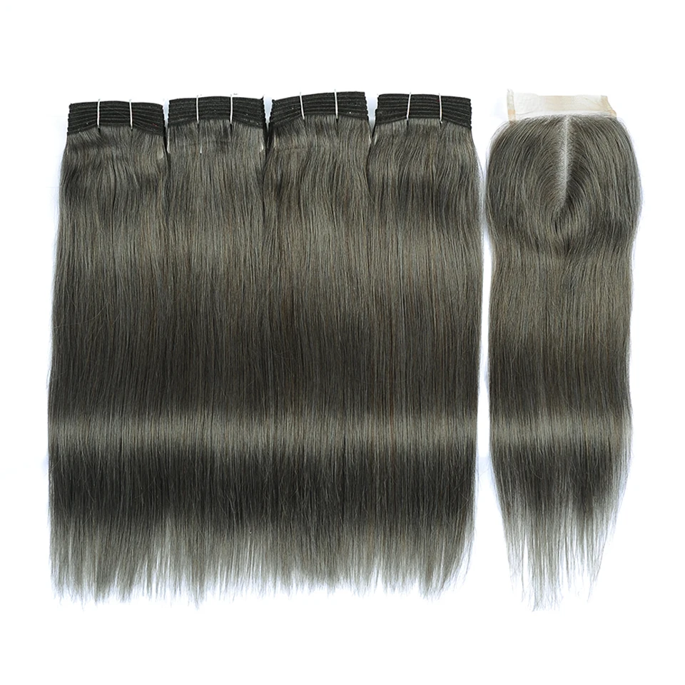 Pinshair коричневый бразильский Прямо человеческих волос 4 Комплект s с закрытием седых волос, плетение толстые Комплект с закрытием Lilen серый