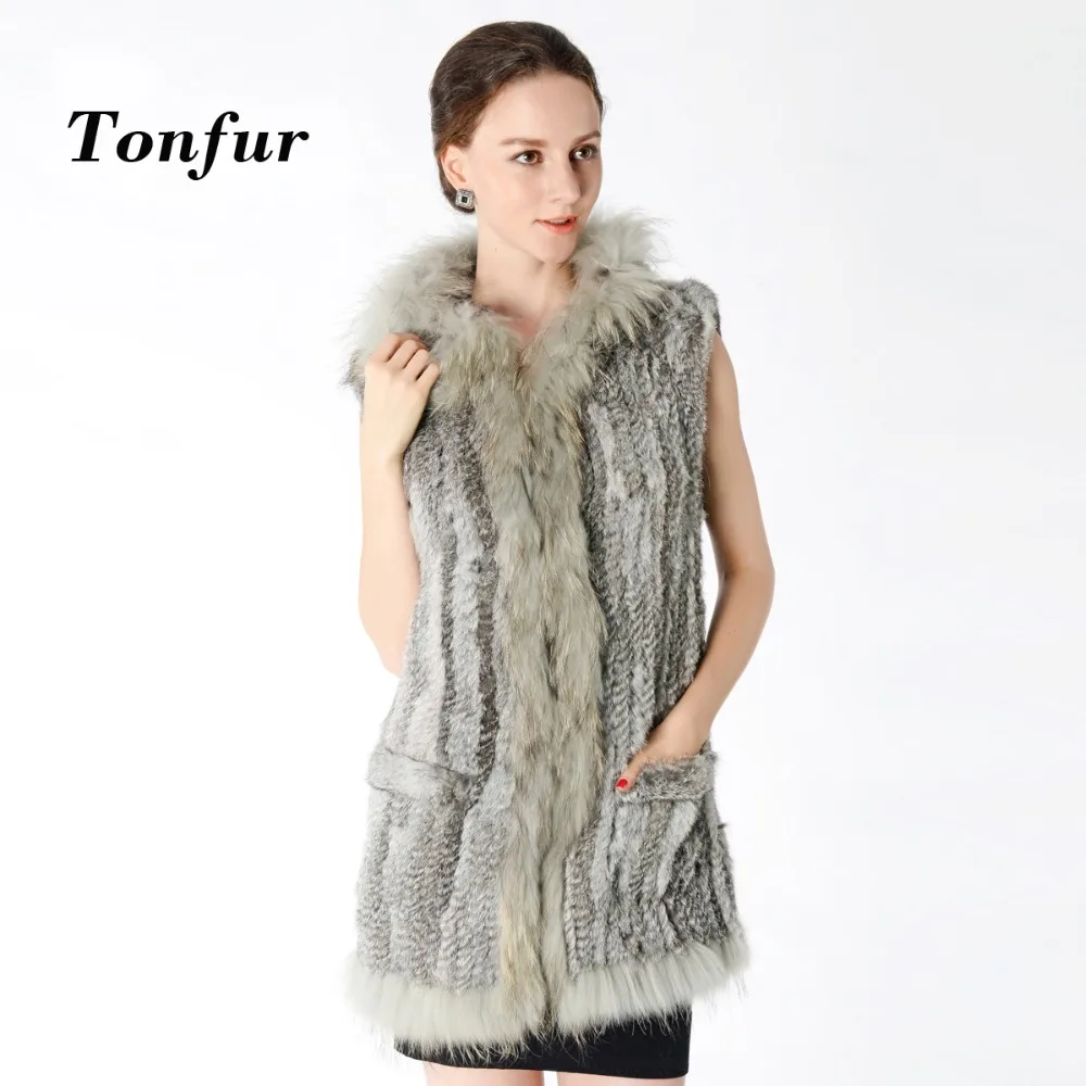 2018 New Real Knitted Rabbit Fur Vest with Natural Raccoon Fur Collar