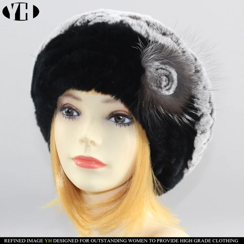 New arrive Women fur Berets real rex rabbit fur hat warm elastic flower lady fashion fullness fur cap headgear - Цвет: color 11