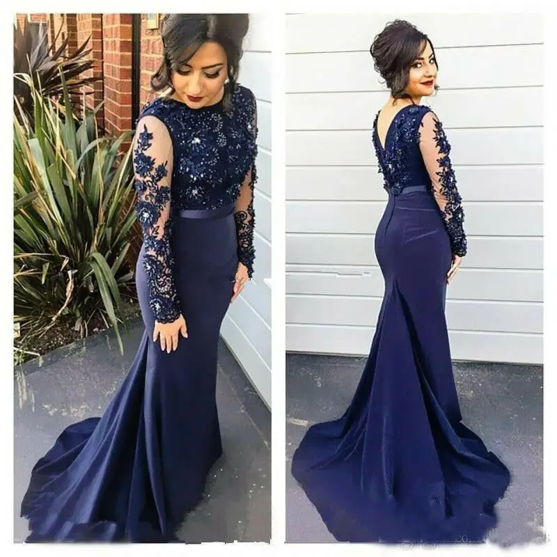 

Vestidos 2019 Sheer High Neck Lace Mermaid Evening Dresses Navy Blue Prom Dress