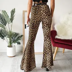 2018 Осенняя модная женская уличная леопардовая расцветка расклешенные брюки сексуальные с высокой талией длинные расклешенные брюки
