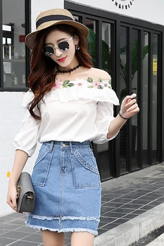 

summer 2018 new design women fashion outfit embroidered white blouse & denim Cowboy package skirt 2 pcs girl sweet suit cute