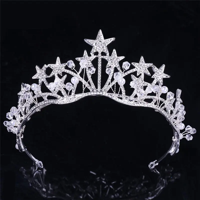 Золотые и серебряные со стразами кристаллическая звезда Тиара повязка-корона для queen Свадебные украшения для волос головной убор невесты венец с орнаментом