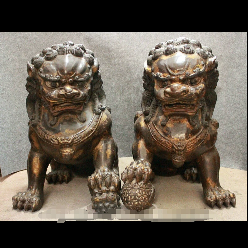 wan67104044+++23" Folk Chinese Classical Bronze Guardian Foo Fu Dog