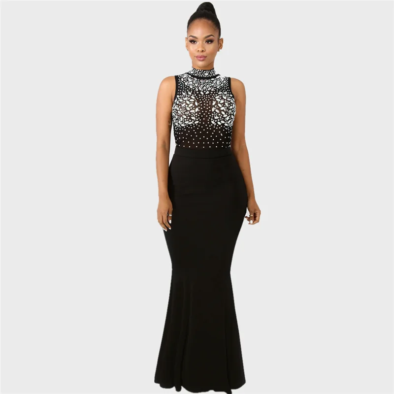 Women Dresses Sleeveless Slim Maxi Celebrate Party Wear Diamonds