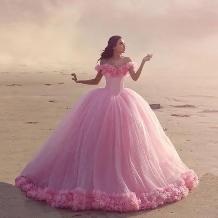 

New Arrival Pink Ball Gown Wedding Dresses With Color Boat Neck White Dress Cap Sleeves Bridal Gown Flower Appliques M1594