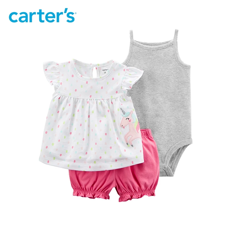 

3pcs unicorn top striped bodysuit ruffle diaper cover clothing sets Carter's baby Girl soft cotton Summer 121I405