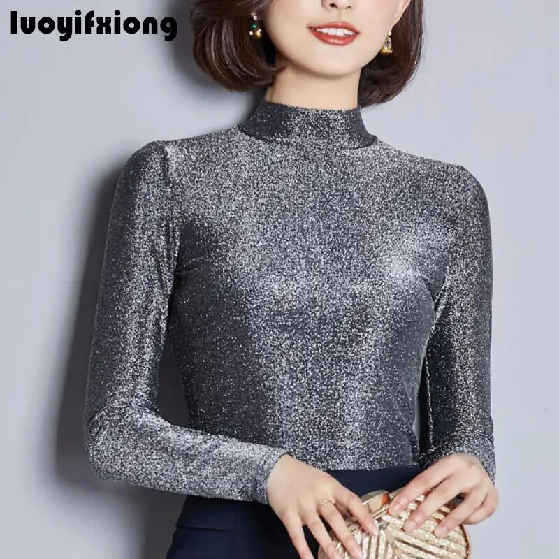 

Fashion Lace Blouse Women Shirts Shiny Bright Silk Womens Tops and Blouses Long Sleeve Turtleneck Office Shirt Slim Blusas Mujer