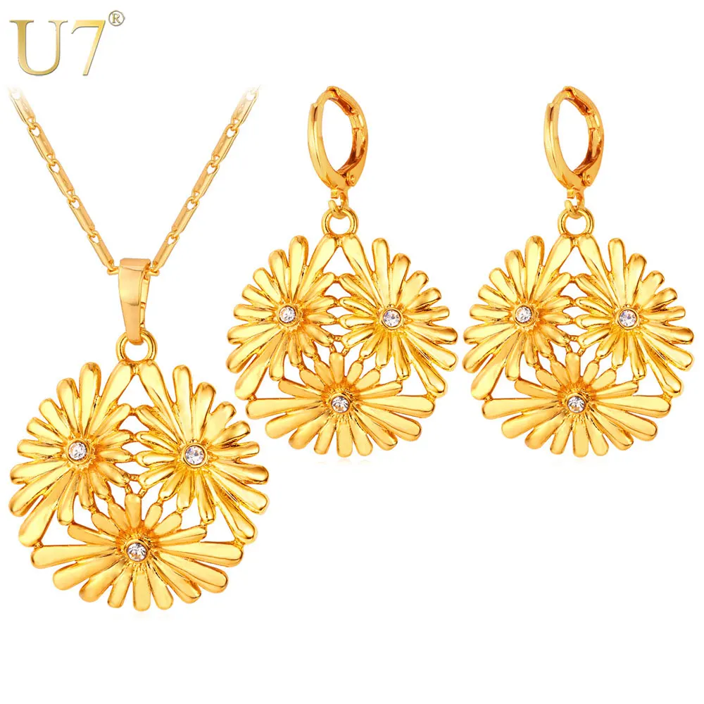 U7 Daisy Flower Jewelry Set Gold Color New Trendy Earrings Necklace Set