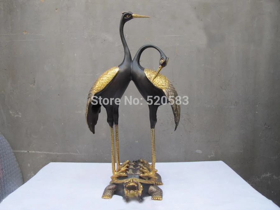 

free 17"Royal Bronze 24K Gold-plated Silver Lucky Red-crowned Crane on Dragon Turtle statue fast