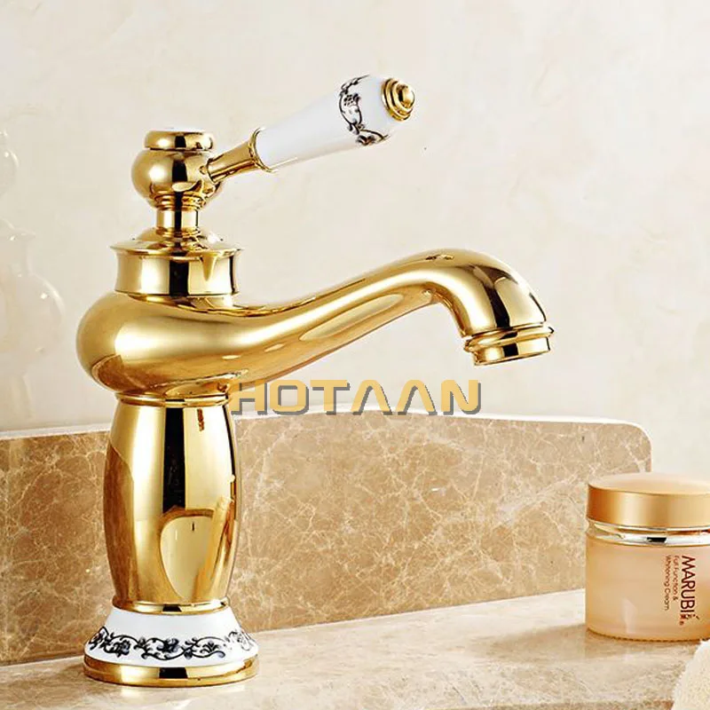 Billig Luxus Becken Wasserhahn Moderne Wasserhahn Bad Wasserhahn Gold Finish Hot   Cold Messing Becken Waschbecken Wasserhahn Einzigen Griff mit Keramik wasserhähne