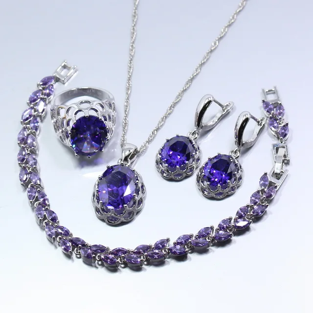 2017 Sweet lovely Wedding 925 Silver Jewelry Set Purple Crystal Earring