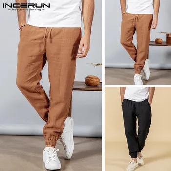

INCERUN Solid Color Loose Cotton Men Casual Pants Drawstring Joggers Straight Trousers Men Sweatpants Pantalon Hombre 2019 S-5XL