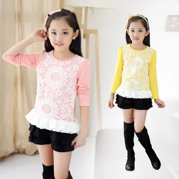 

Spring Autumn New Children's Clothing Girls Korean Bud Silk Long Sleeve T-shirt Kids Clothing Pink Yellow