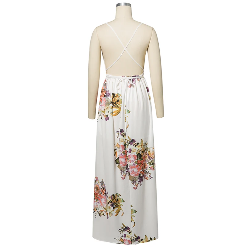 Summer Floral Print Boho Maxi Dress Women Deep V-Neck Sleeveless Spaghetti Strap Split Backless Chiffon Long Dresses (18)