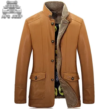 

PU leather Men JacketsLong Fur Inside Warm Winter New 2018 Coats Casual Standard Collar Windbreaker Waterproof Brand AFS ZDJP