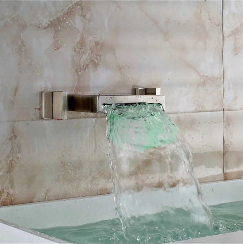 LED Color Change Waterfall Basin Faucet Tap Wall Mount Dual Handles Bathroom Sink Mixer Tap