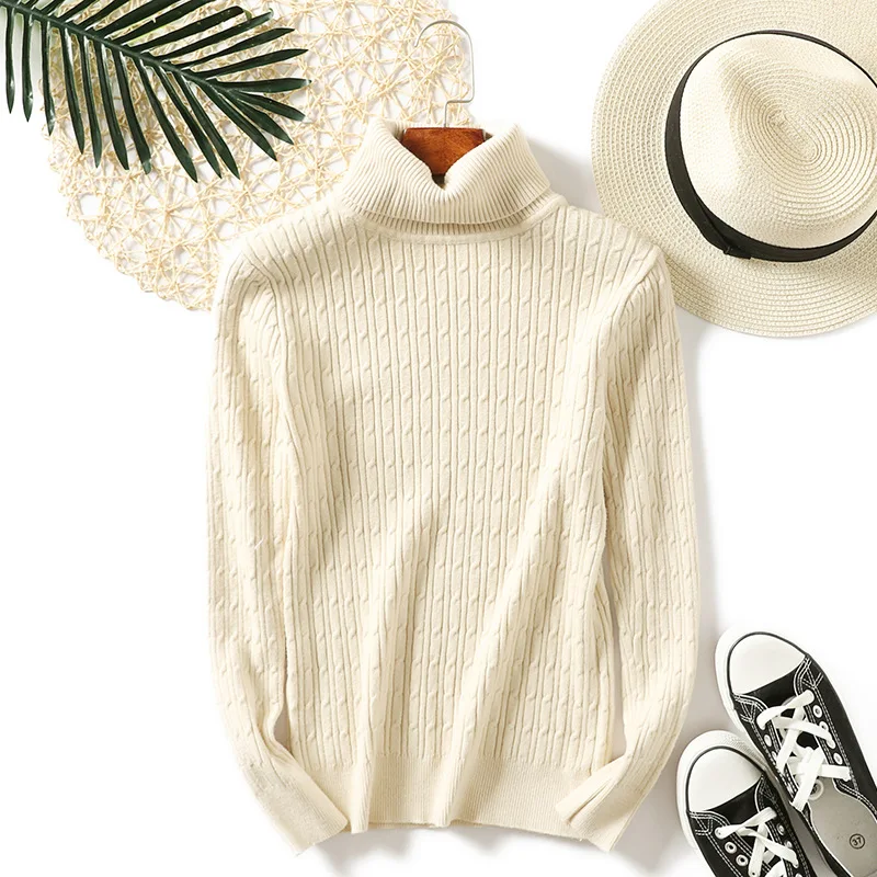 Белый вязаный свитер водолазка женская свитер женский длинный рукав осень зима джемпер ребристый пуловер женский классический