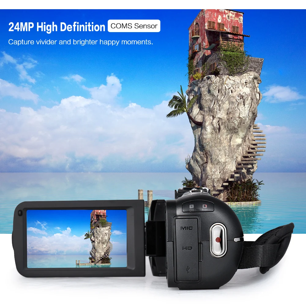 Andoer 1080P LCD Touch screen Video Camera 24MP Digital Camcorder Remote Control Face Detect w/ Wide Angle Lens / Mic