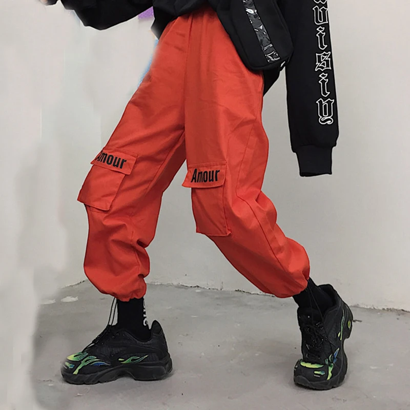 

Women Loose BF Big Pocket Harem pants Harajuku Vintage Letter Printed Cargo Pants streetwear women's Overalls Hip Hop pant