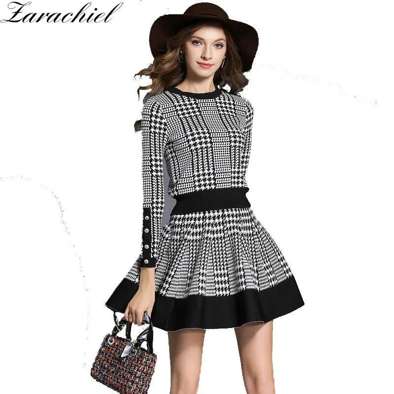 

New 2019 Spring Plaid Sweater Skirt Suit Women 2 Piece Set Long Sleeve O Neck Button Knitted Skirt Set Crop And A Line Skirt