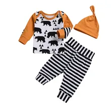 3 шт. для новорожденных для маленьких мальчиков и девочек с изображением медведя Топы штаны в полоску, штаны-шаровары комплекты Комплект одежды с длинными рукавами одежда с мультяшными рисунками