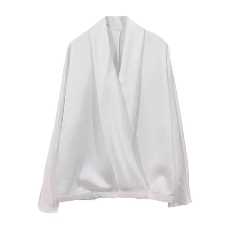 Высококачественная брендовая шелковая рубашка, весна-лето, блузка для офиса, для женщин, v-образный вырез, Драпированный ворот, сексуальная открытая белая блузка
