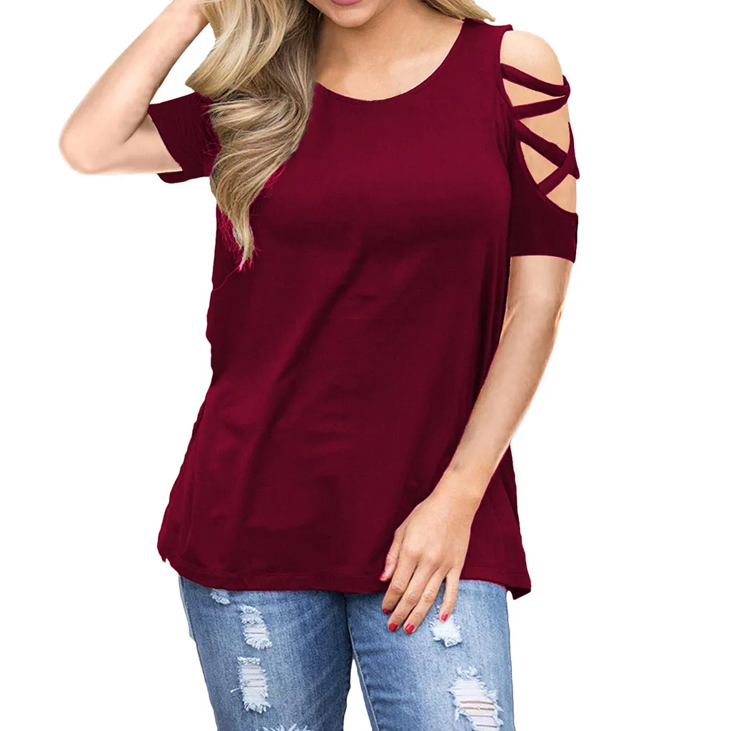 Футболка Femme Футболка женская с коротким рукавом Strappy Cold Shoulder T-shirt Solid o-образным вырезом Tops 2019 футболка Camisetas Mujer