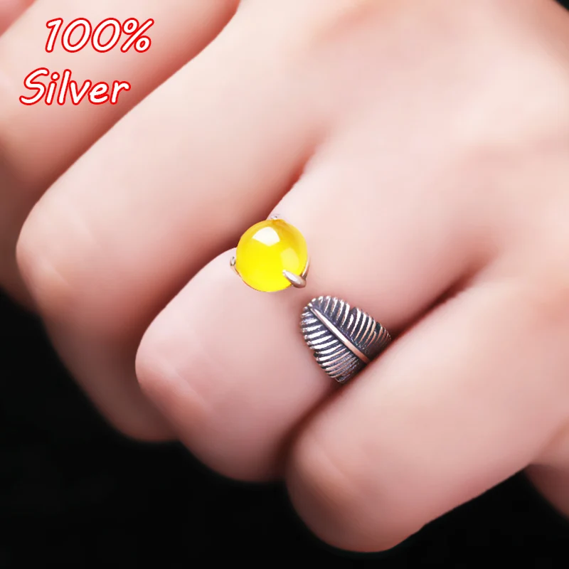 

925 Sterling Silver Feather Adjustable Ring Base Settings With 8MM Round Cabochon Ring Base Blanks Setting DIY Jewelry