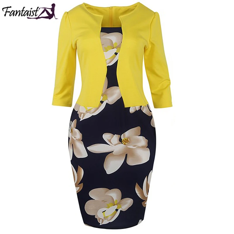 

Fantaist Women Fall One Piece Patchwork Floral Print Elegant Business Party Formal Office Plus Size Bodycon Pencil Work Dresses