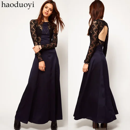 Black Lace Dresses Stitching Vestidos Longos Formatura Plus Size Slim Dew Back Chiffon Clothing Women Long Sleeve Maxi Dress | Женская
