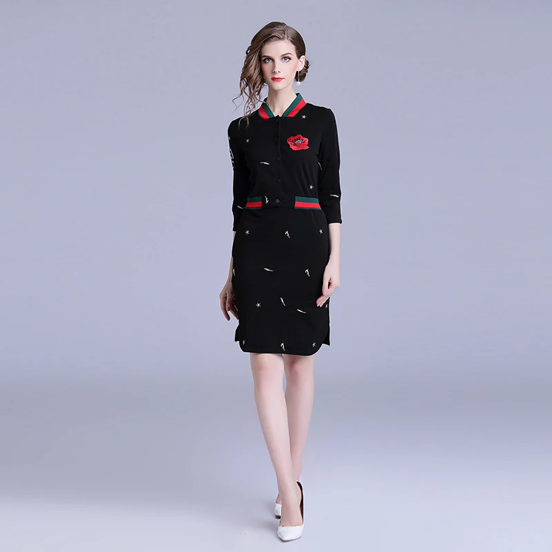 

2019 Women's New Embroidered Contrast Fashion Temperament Casual Dress Stand Collar Luxury Women Dress Party Half Sleeve Dress