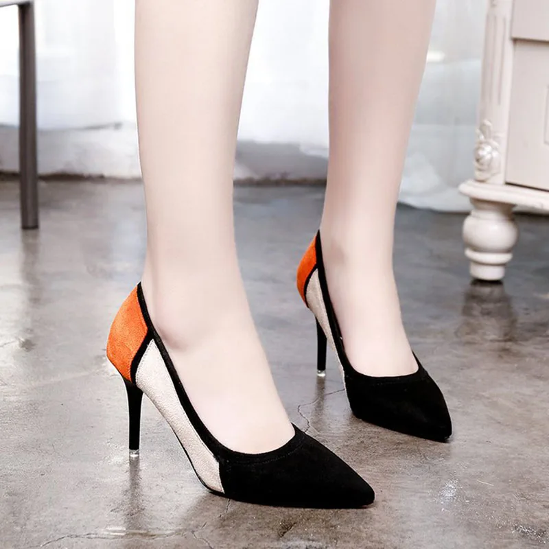 

2018 New Style High-Heeled Sshoes Pointed Toe Shallow Fashion Sexy Summer Pointed Toe Flock Thin Heels Slip-On Shoes Woman