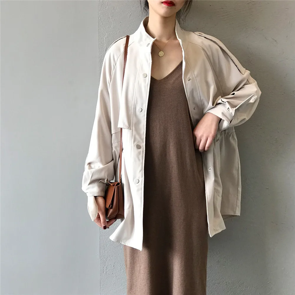 Vintage Autumn trench Coat 2019 Korean Style  Single Breasted Mid-long Trench Coat Mujer Loose large size Windbreak Outwear 0241 (8)