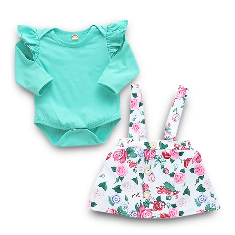 Kawaii Baby Girl Floral Dress Set Long Sleeve Bodysuit + Suspender Mini