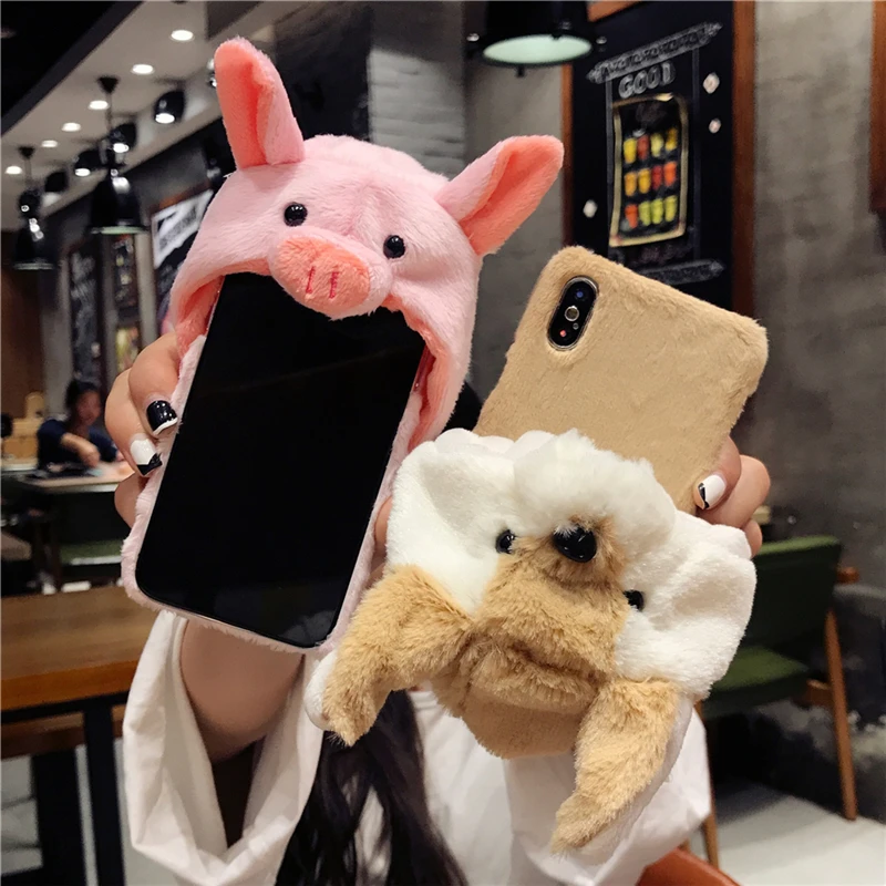 Pig Dog Hat Fur Case For iPhone XS Max XR 6S 7 8 Plus Girl Style Winter Warm Cute Cover X 10 6 Accessory |