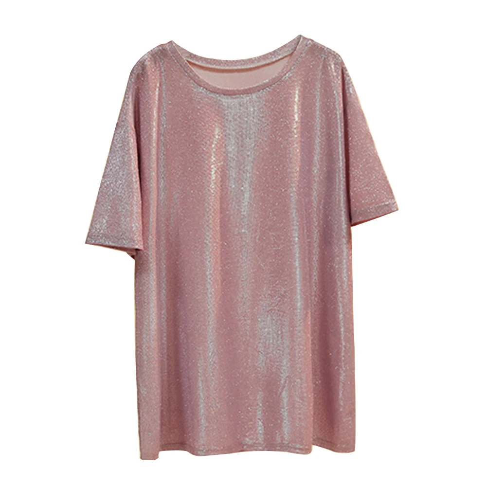 

New 2019 Summer Harajuku Retro Style Stylish Bright Silk Women Tops Shiny Casual Loose Short Sleeve Medium Long T-shirt