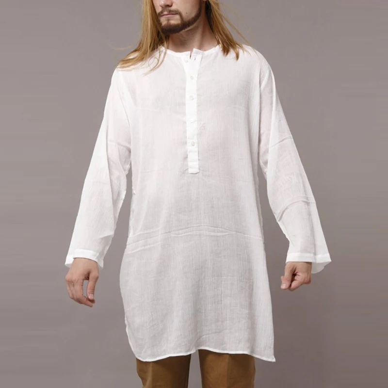 Модный пуловер, Мужская одежда, индийская одежда, платья, рубашки с длинным рукавом, Исламская туника, платье-рубашка, кафтан, Camisas, простой халат - Цвет: White