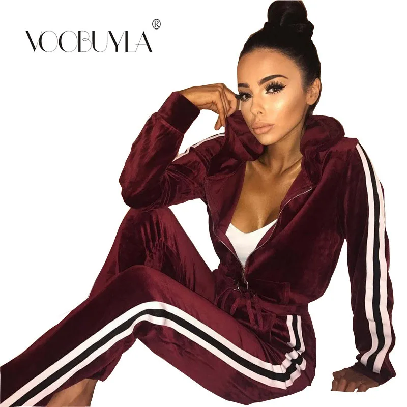 Voobuyla New Autumn Winter Women Velvet Running Set Jacket+Pants Stripe