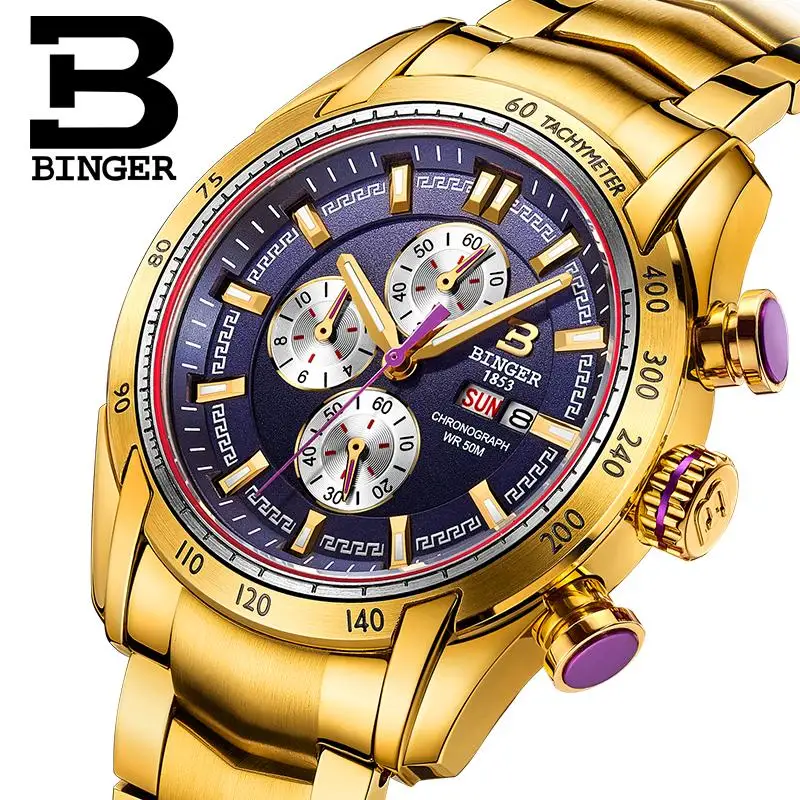 

Switzerland Men's Watch Luxury Brand Male Wristwatches BINGER Quartz watches Janpan Movement Chronograph Diver glowwatch B1163-8