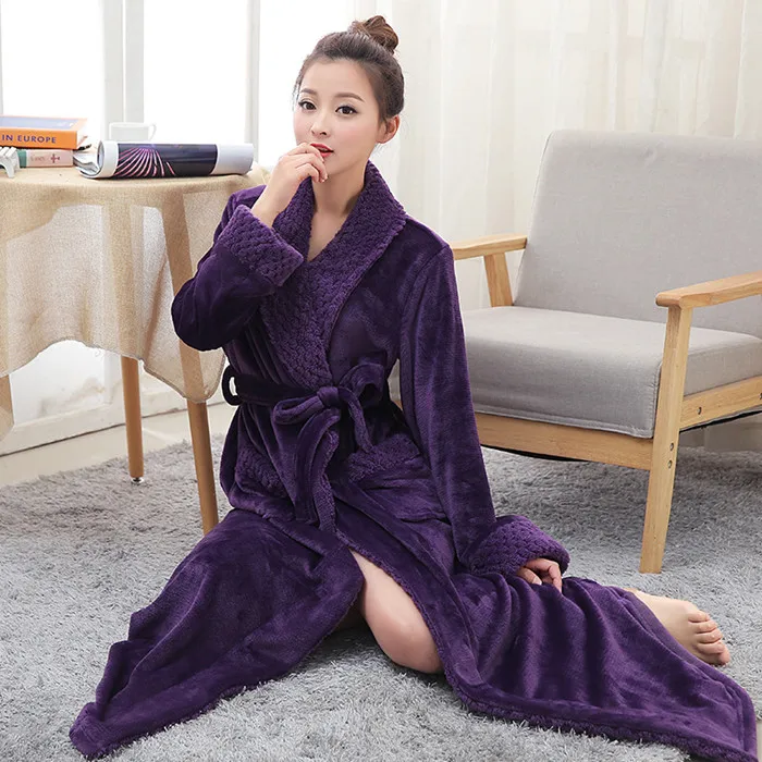 Фиолетовый женский уютный длинный халат на молнии, банный халат, халат из флиса, халат для женщин, махровый банный Халат - Цвет: Purple