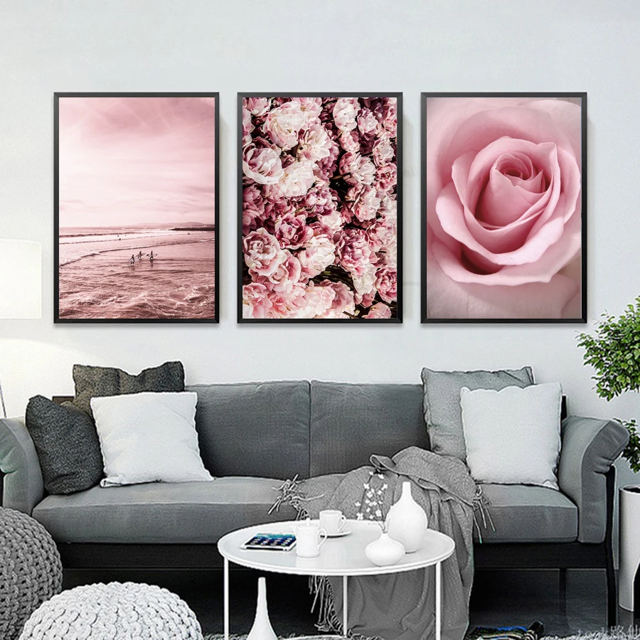 

Pink Flower Beach Scandinavian Landscape Canvas Art Posters and Prints Wall Art Picture for Living Room Nordic Decoration Home