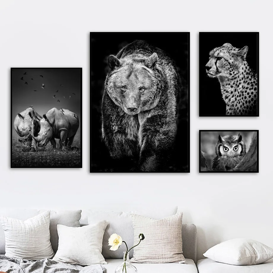 Черно-белый лев, медведь, носорог, леопарды, Сова, настенная живопись на холсте, скандинавские плакаты и принты, настенные картины для декора гостиной